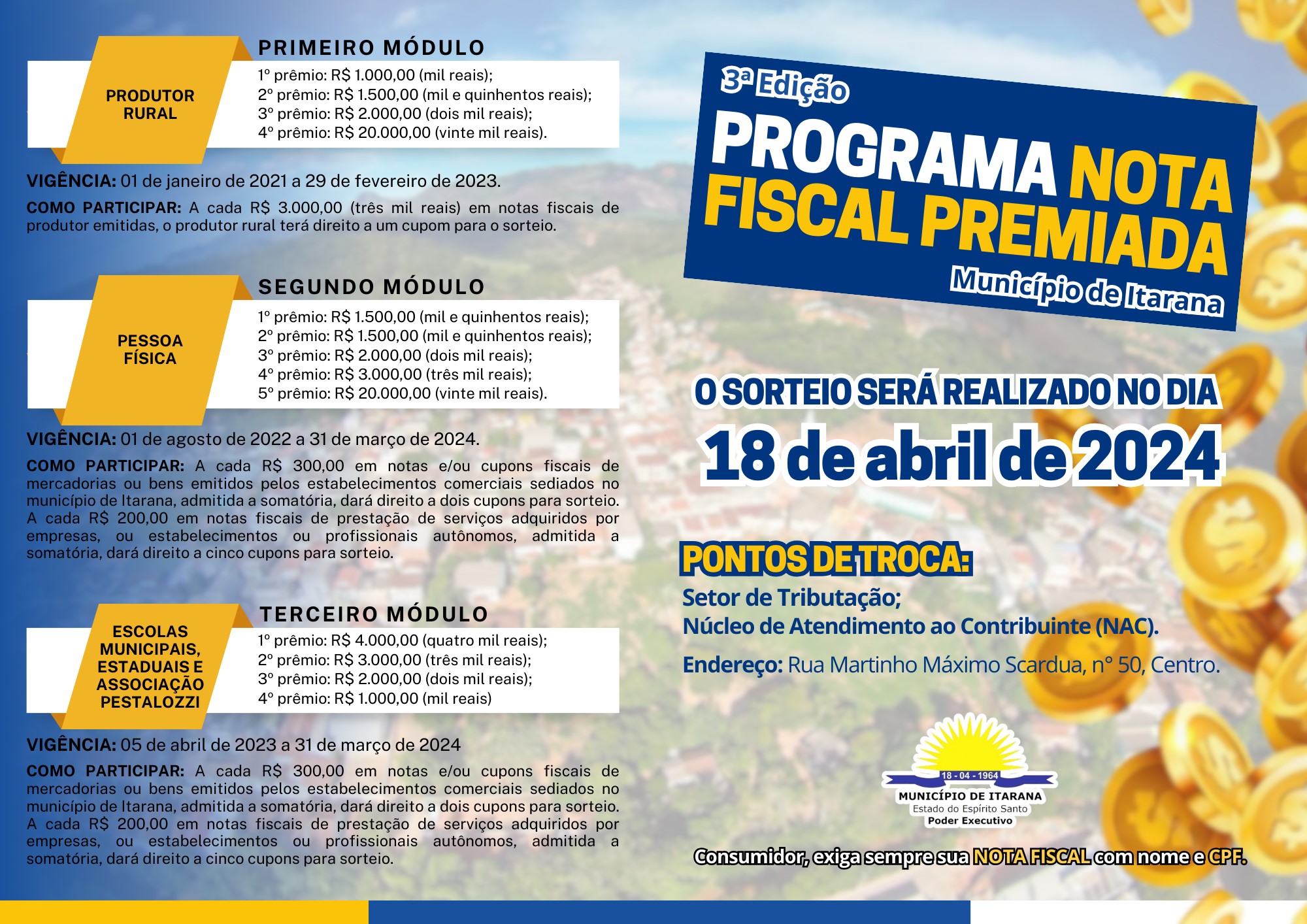 Sorteio das premiações do Programa Nota Fiscal Premiada acontecerá no aniversário do município de Itarana em 2024