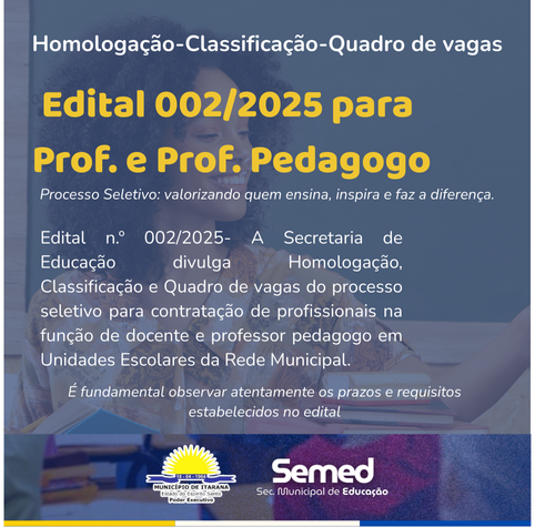 Prefeitura de Itarana divulga Homologação, Classificação e Quadro de Vagas do Edital n.º 002/2025 para Professores e Professores Pedagogos