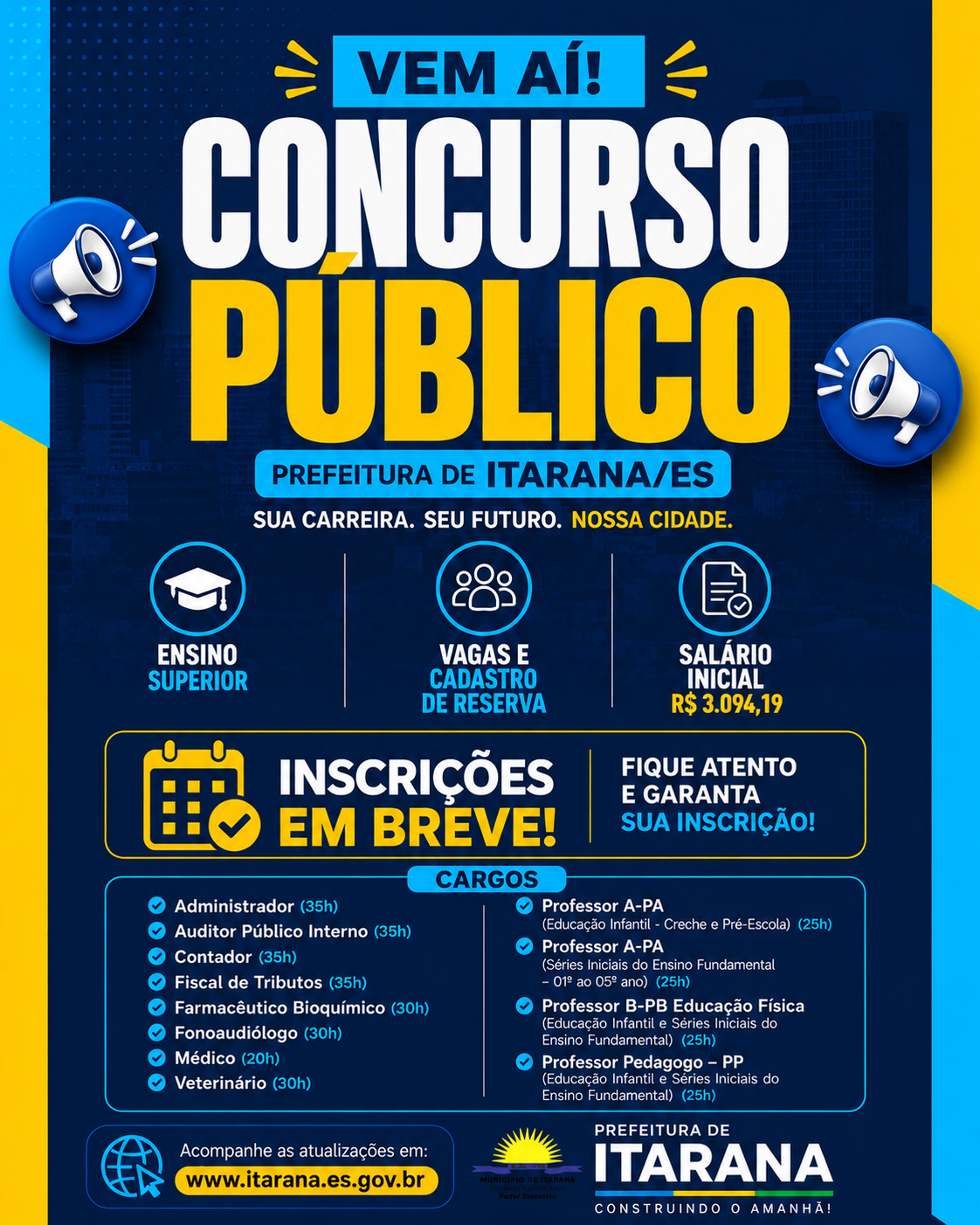 Prefeitura de Itarana abre Concurso Público para cargos efetivos e cadastro de reserva