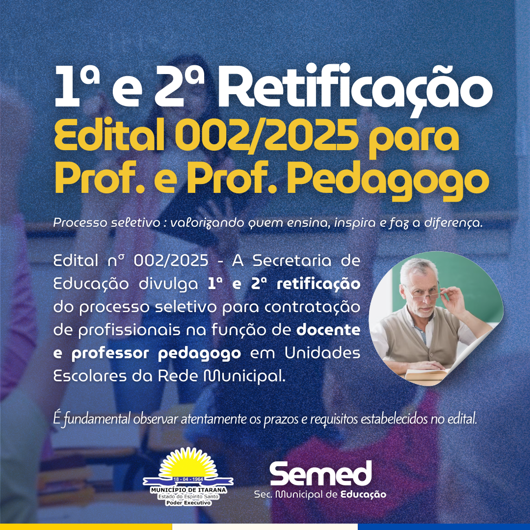 Prefeitura de Itarana divulga 1ª e 2ª retificação no Edital nº 002/2025 para Professores e Professores Pedagogos