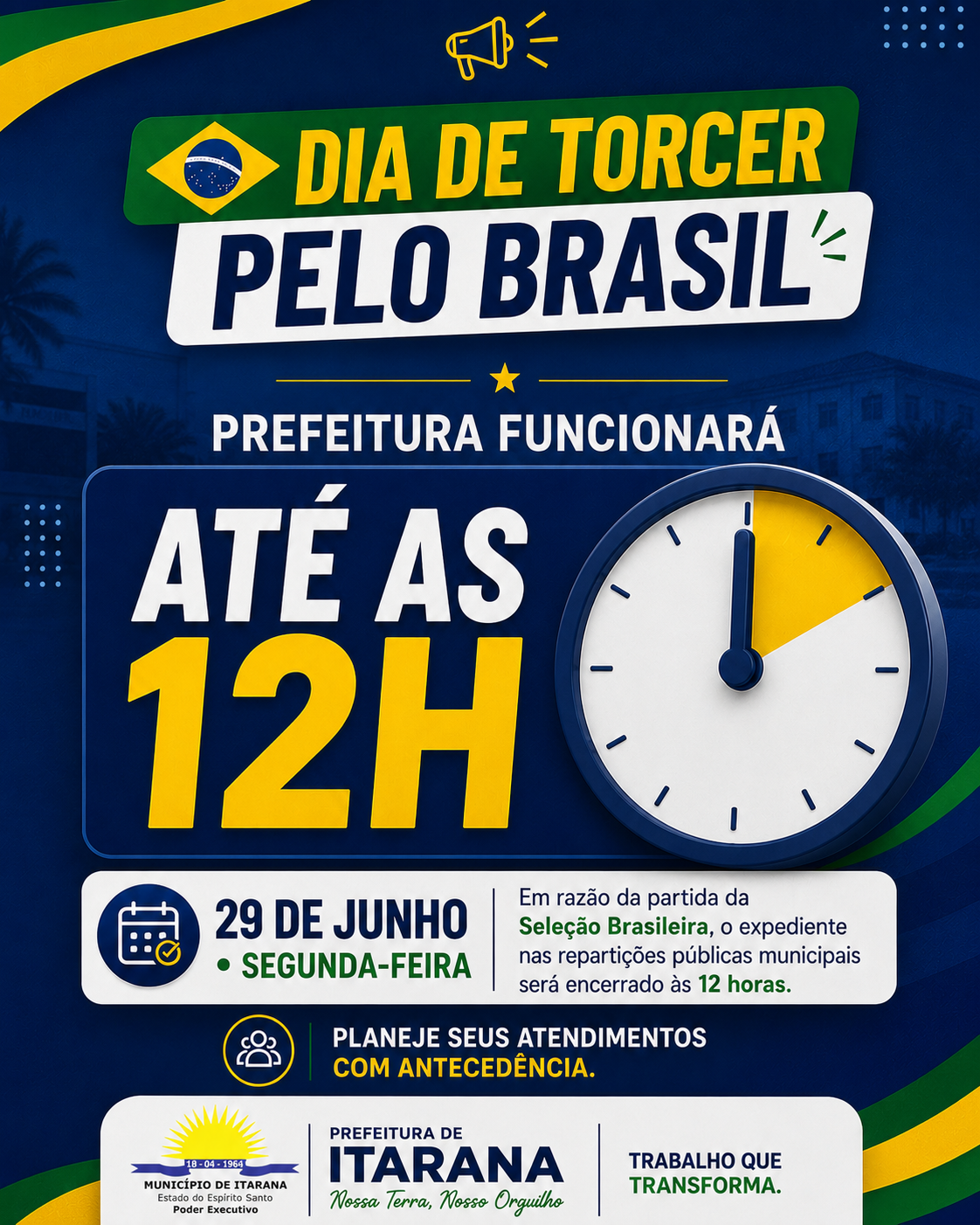 Prefeitura de Itarana terá expediente até às 12h nessa segunda (29)